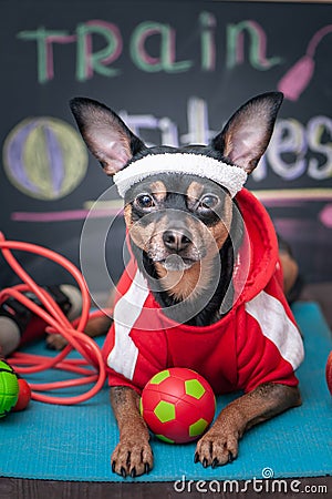 Pet Fitness , sport and lifestyle concept. Funny dog â€‹â€‹in sportswear in training, portrait in studio Stock Photo